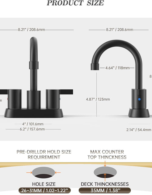 Load image into Gallery viewer, 4 Inch 2 Handle Centerset Matte Black Lead-Free Modern Bathroom Faucet, 360 Swivel Spout 2-3 Hole RV Bathroom Vanity Sink Faucet with Pop up Drain and Water Supply Lines，Bf015-1-Mb
