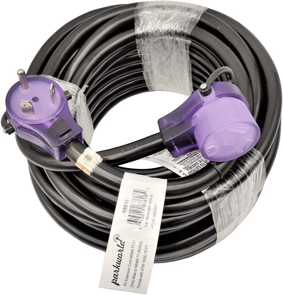 RV 30A Extension Cord NEMA TT-30 with Handle, Camper 30Amp TT-30P to TT-30R (75FT)