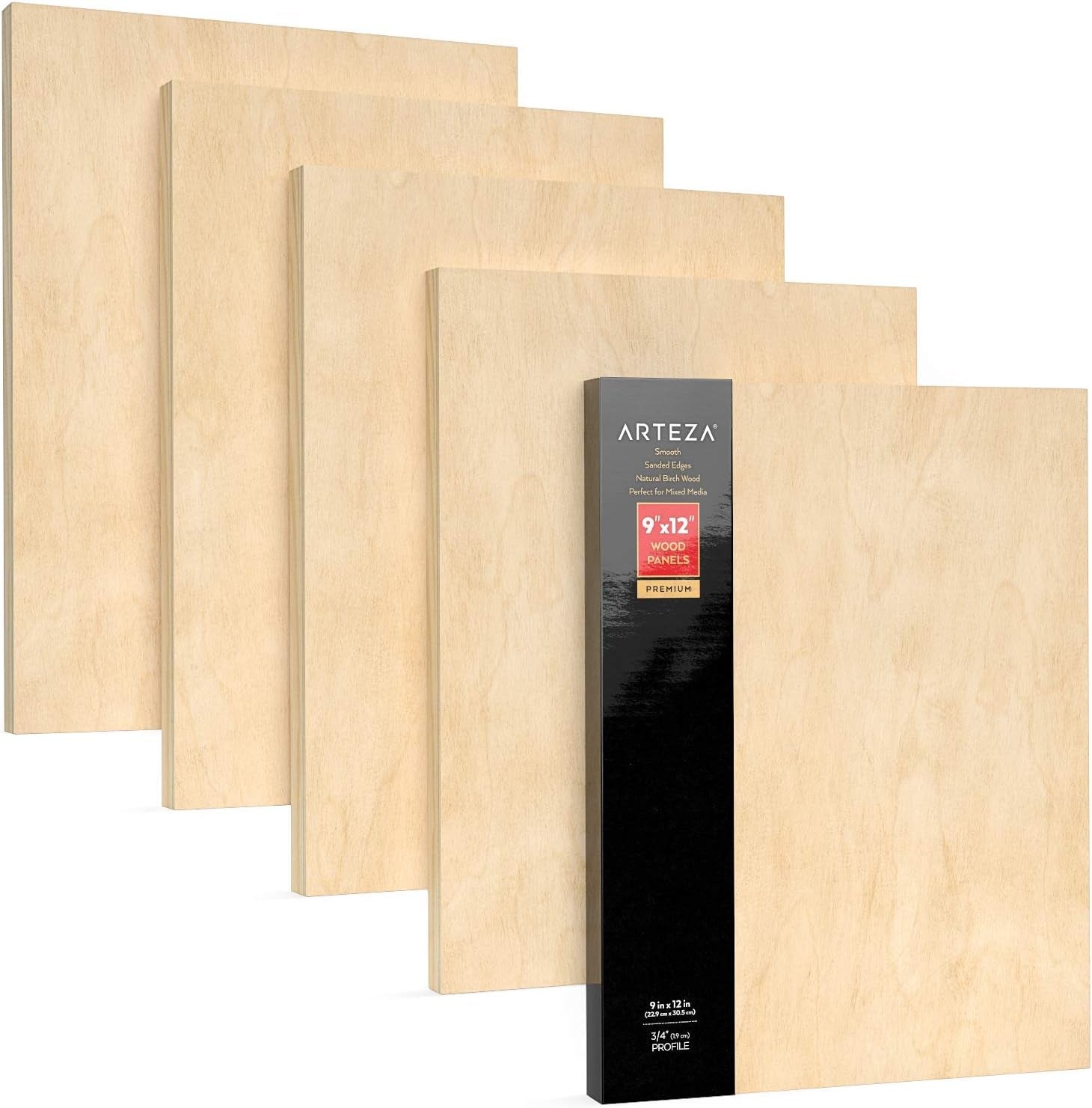 Wooden Canvas Board, 9X12 Inch, Pack of 5, Birch Wood, Cradled Artist Wood Panels for Painting, Encaustic Art, Wood Burning, Pouring, Use with Oils, Acrylics