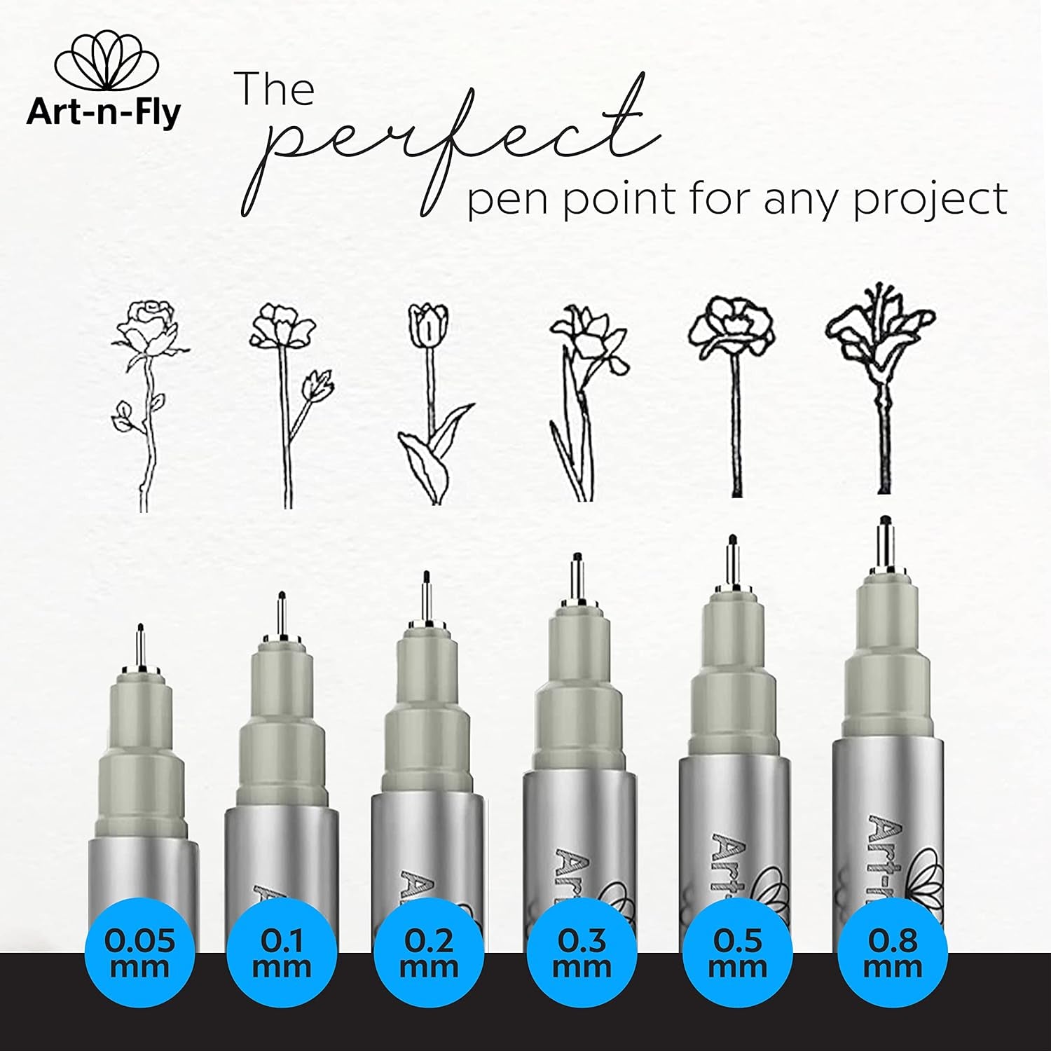 Black Fine Point Pens (Set of 6) | Drawing Fineliner Ink Pens with Japanese Archival Ink | Black Pens with Various Size Tip | No Bleed & Quick-Dry Fine Point Pen for Drawing & Sketching