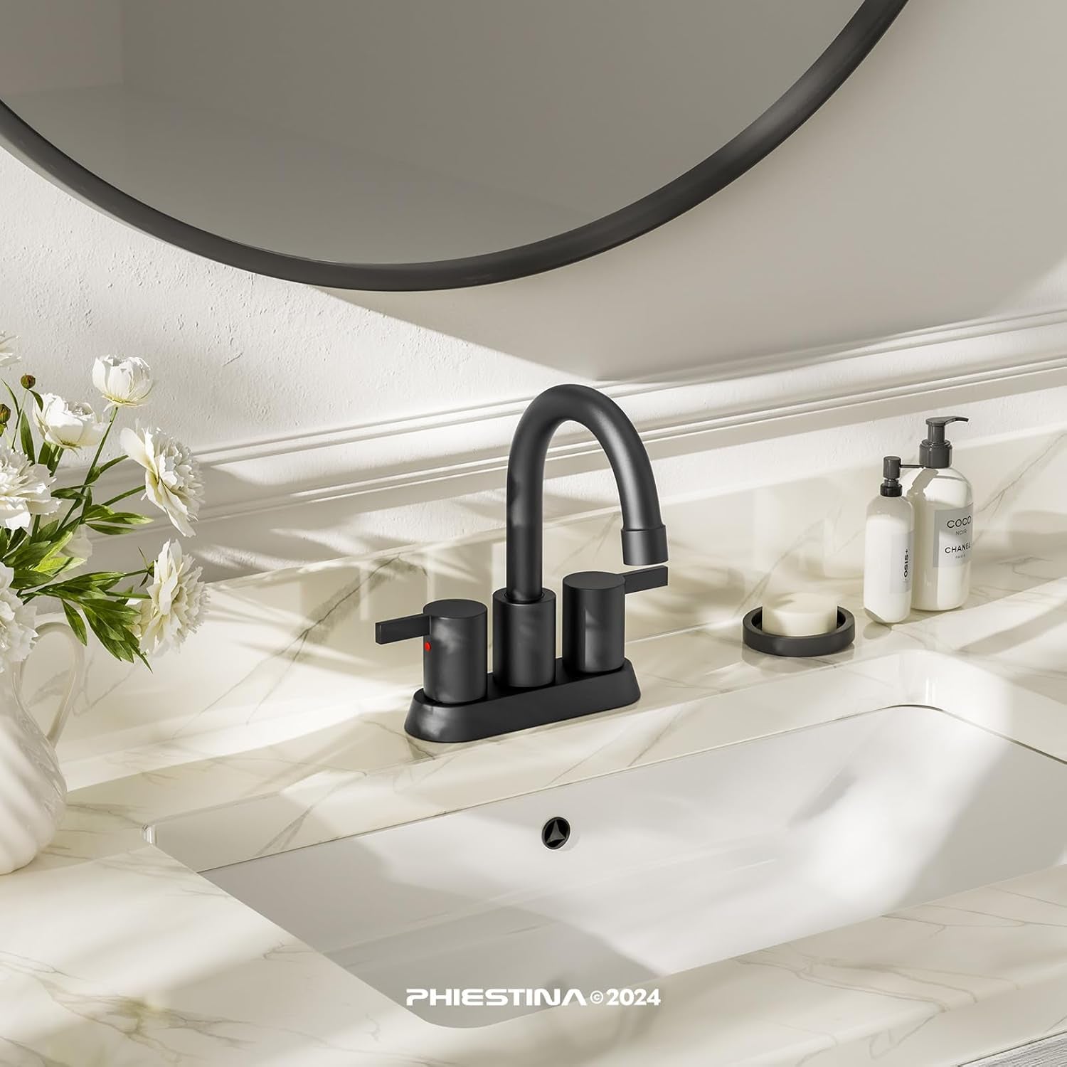 4 Inch 2 Handle Centerset Matte Black Lead-Free Modern Bathroom Faucet, 360 Swivel Spout 2-3 Hole RV Bathroom Vanity Sink Faucet with Pop up Drain and Water Supply Lines，Bf015-1-Mb