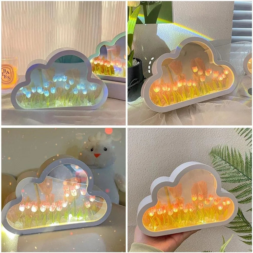 Forever Cloud Mirror Tulips DIY Tulip Night Light Tulip Flower LED Lamp Birthday Gift for Girl Friend Valentine'S Day