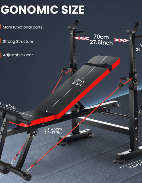 Load image into Gallery viewer, Adjustable Weight Bench Set 6 in 1 Bench Press Workout Bench with Barbell Rack Removable Foot Bracket, Pairs of Resistance Bands for Home Gym Training
